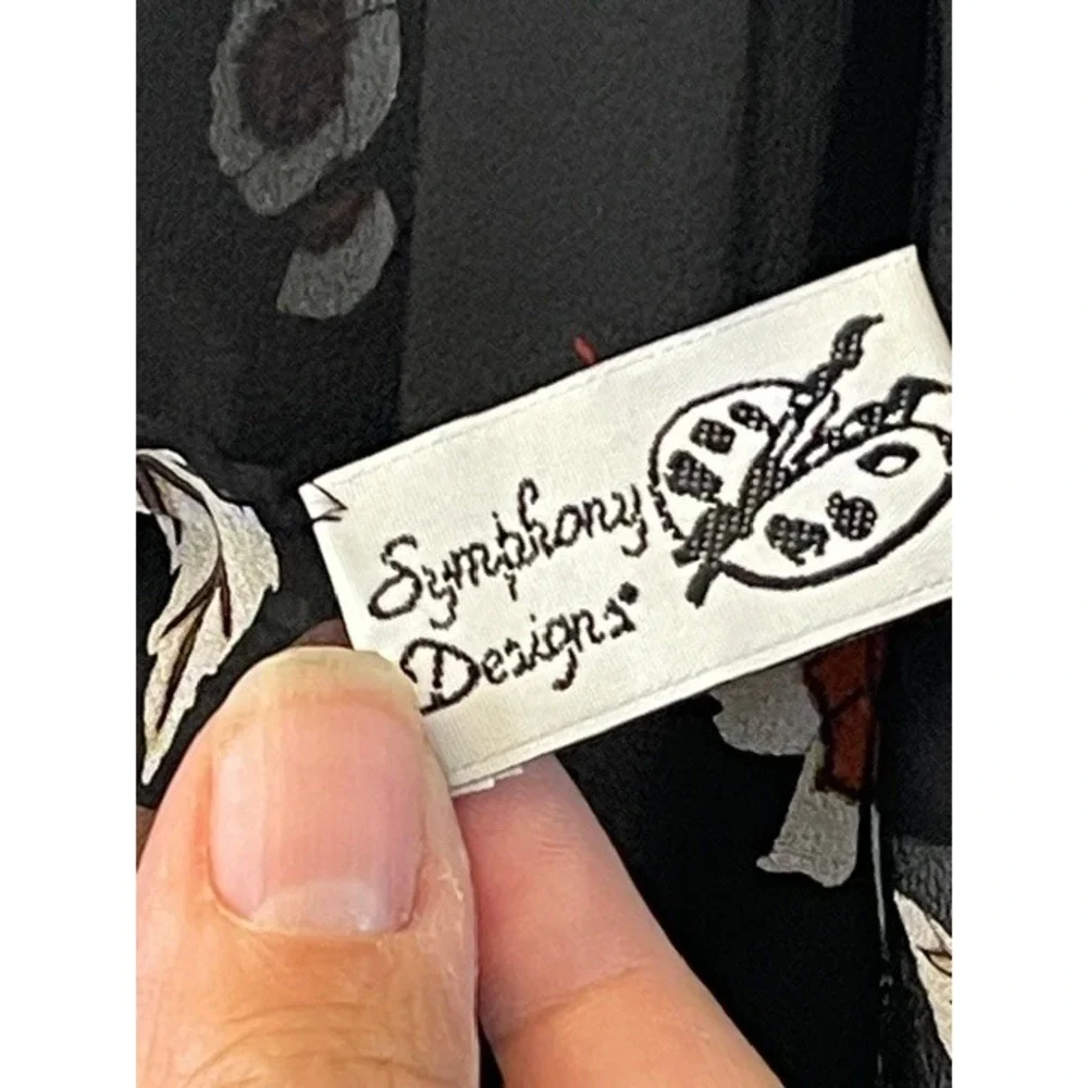 Symphony Designs Vintage 90s Black Floral 100% Silk Sheer Chiffon Ethereal Scarf